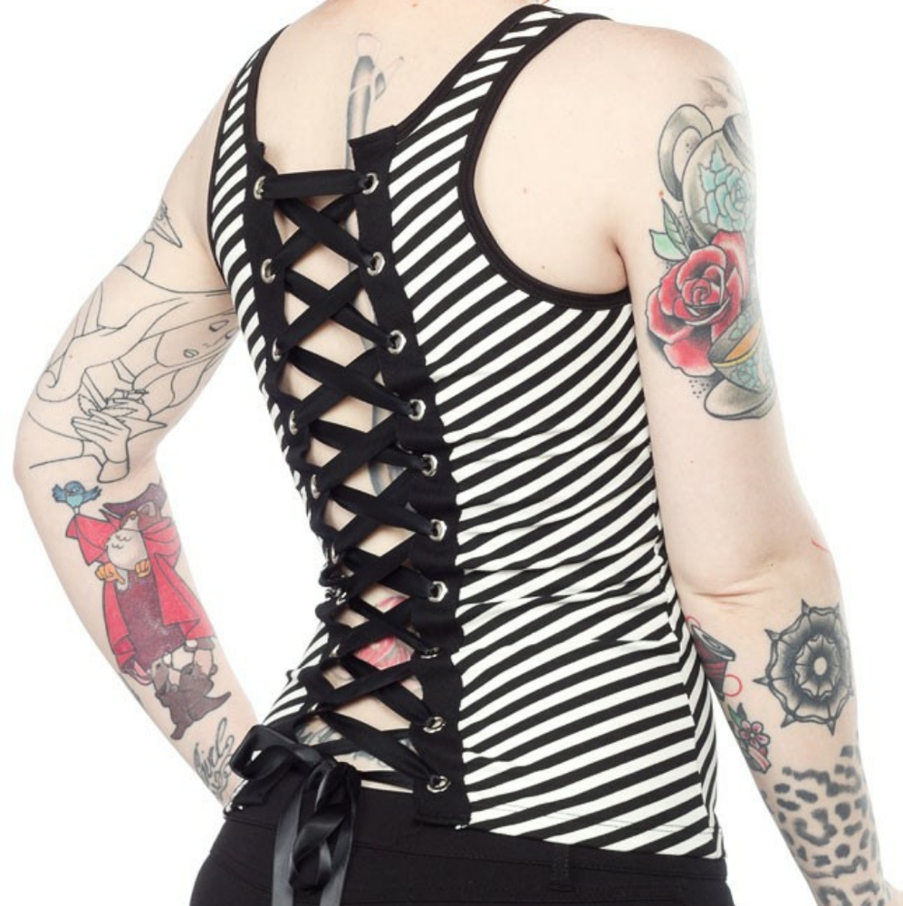 Folter Black & White Striped Lace Up Tank Top